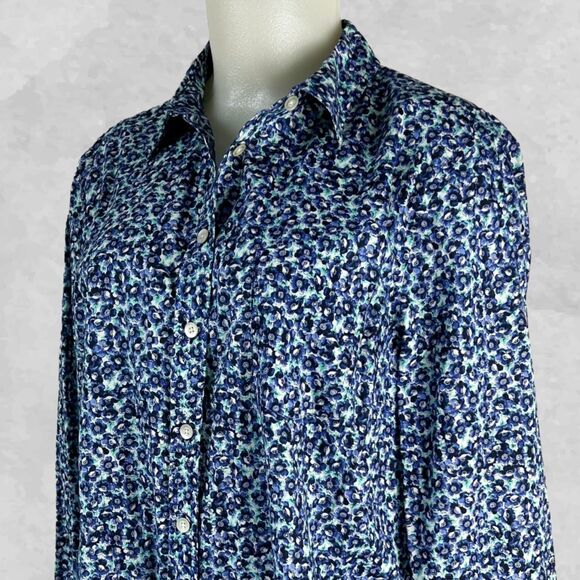Talbots Ink Blue Purple Green Floral Print Long Sleeve Blouse - Women's 14 - Picture 1 of 11